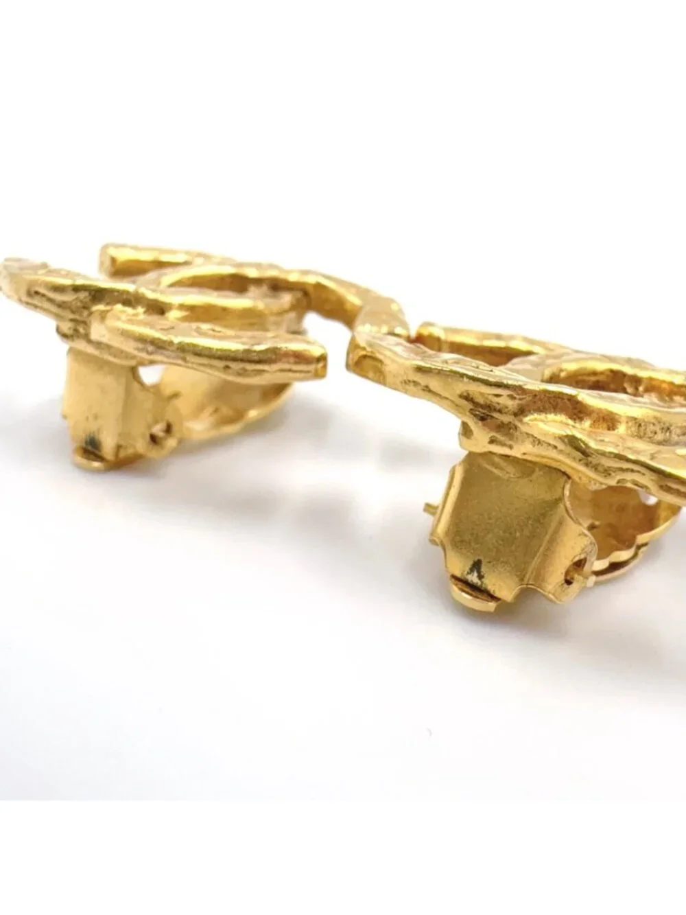 Chanel CC Logo Texture Gold Plated Earrings